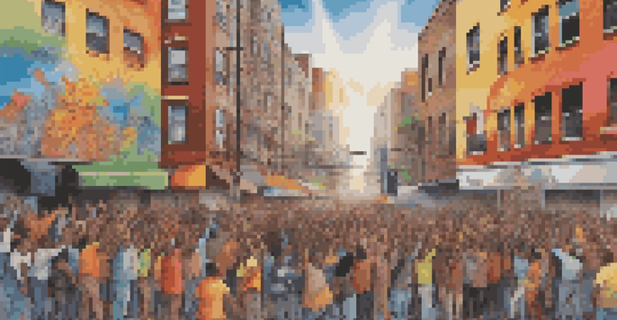 A colorful street mural showing diverse individuals standing together for social justice in an urban setting.