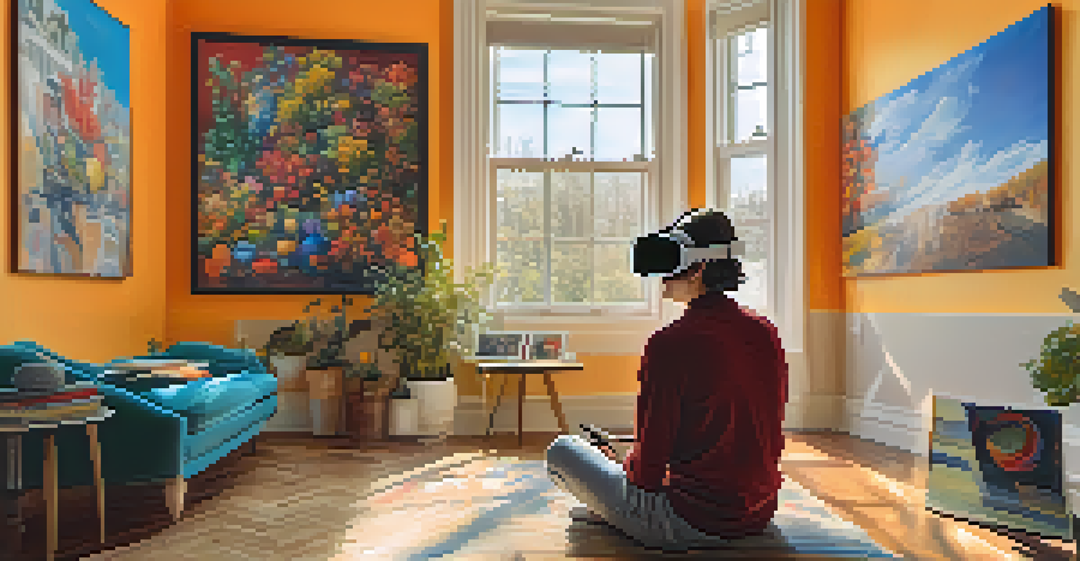 A person at home wearing a virtual reality headset, exploring a digital art gallery, surrounded by art books and a sunny window, with colorful 3D artworks visible in the VR experience.