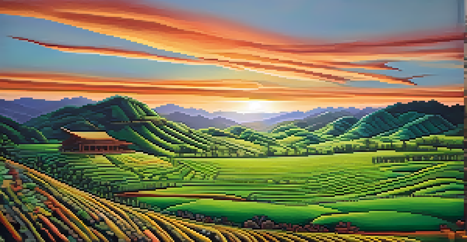 A landscape painting with indigenous symbols in a green field and a vibrant sunset in the background.