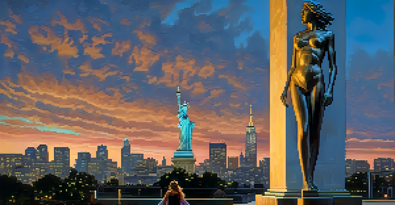 A powerful statue of a girl in an urban setting, lit by evening lights, surrounded by people admiring the artwork.