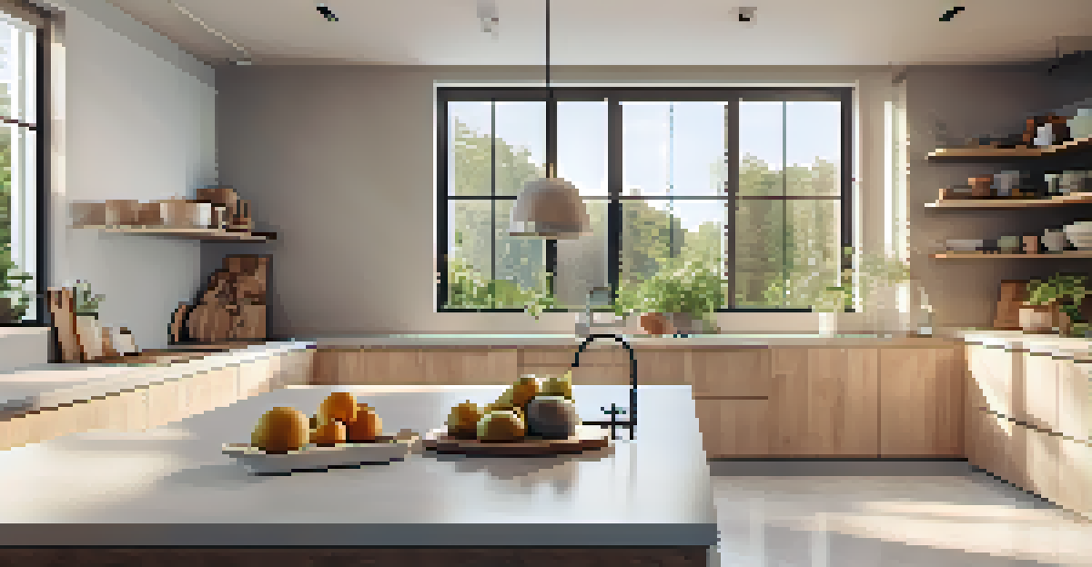A modern Scandinavian kitchen with pastel colors and natural wood features.