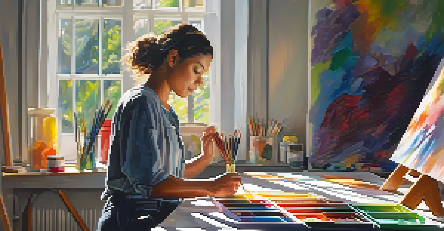 An artist painting in a bright studio, surrounded by art supplies, with sunlight streaming through the window.