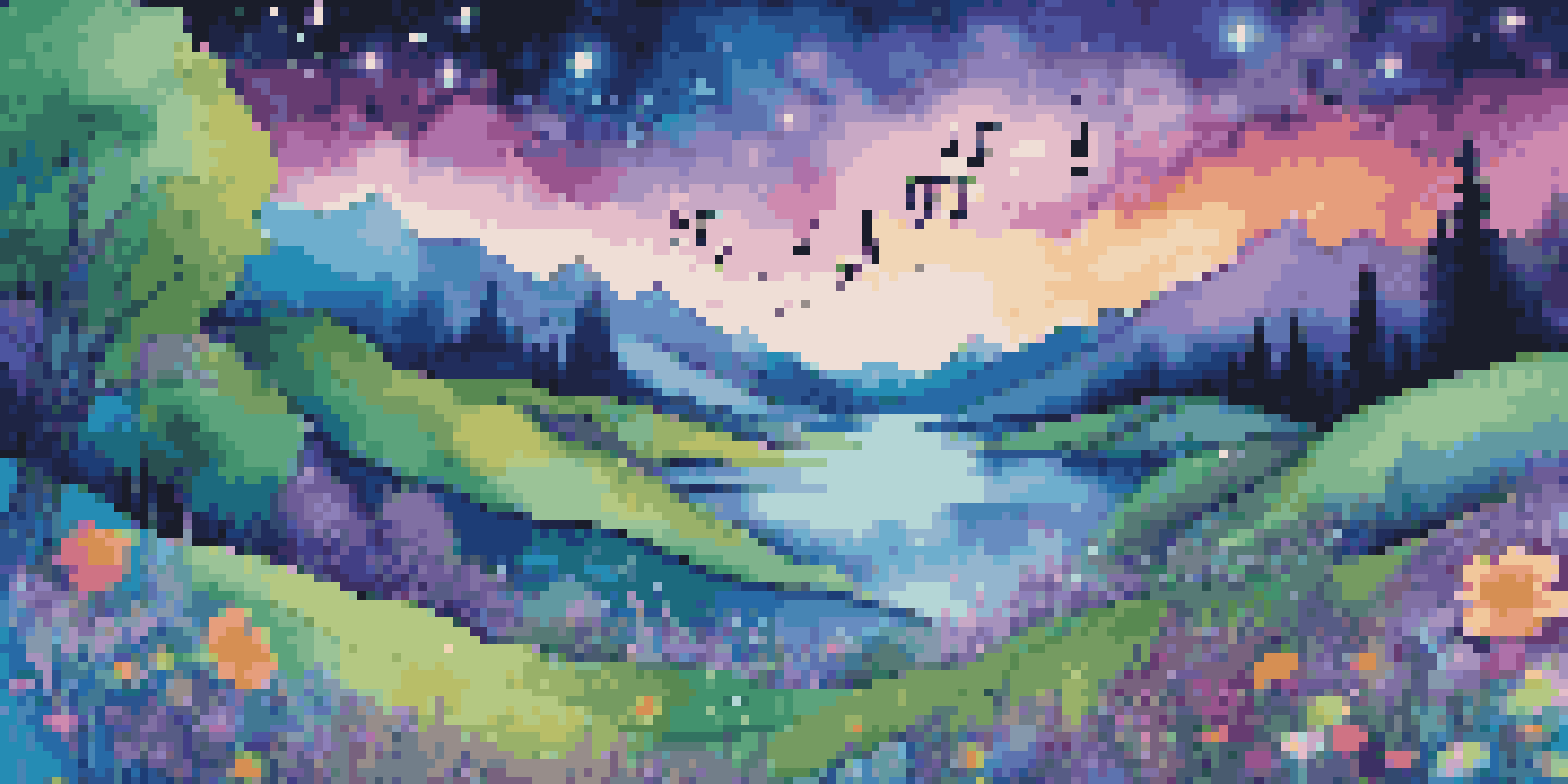 A surreal landscape with musical notes and colorful rivers, under a starry sky.