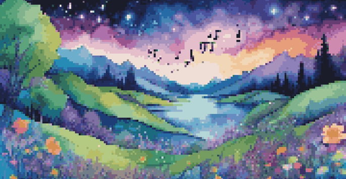 A surreal landscape with musical notes and colorful rivers, under a starry sky.