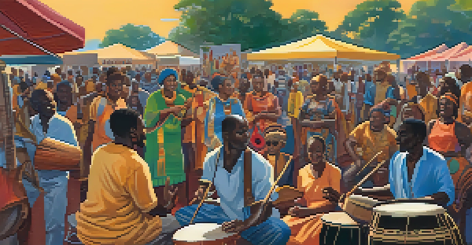 A lively art festival with diverse artists performing, including a traditional African musician and a contemporary jazz band, set in a colorful environment.