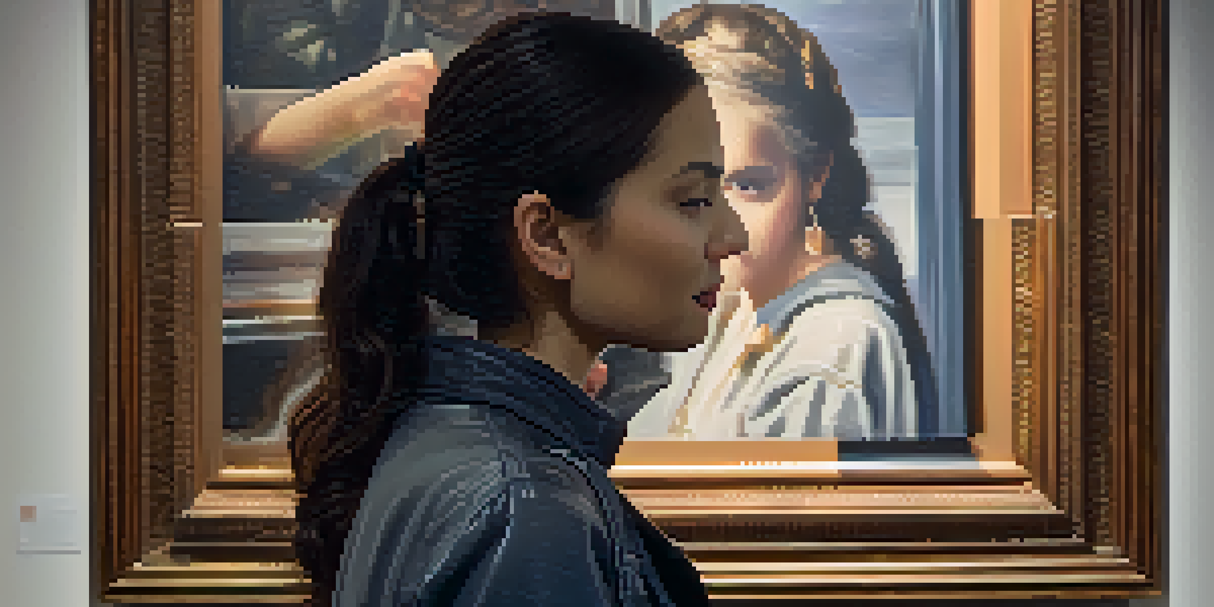 An art authentication expert using infrared reflectography on a painting in a gallery, with soft lighting highlighting the artwork.