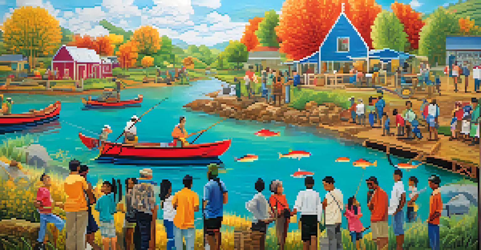 A colorful mural representing various cultures' connections to nature, with community members interacting around it.