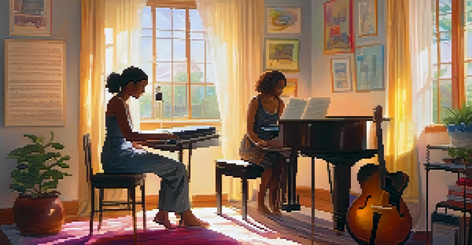 A tranquil room where a therapist and a young woman are engaged in a music therapy session, with instruments and soft lighting.