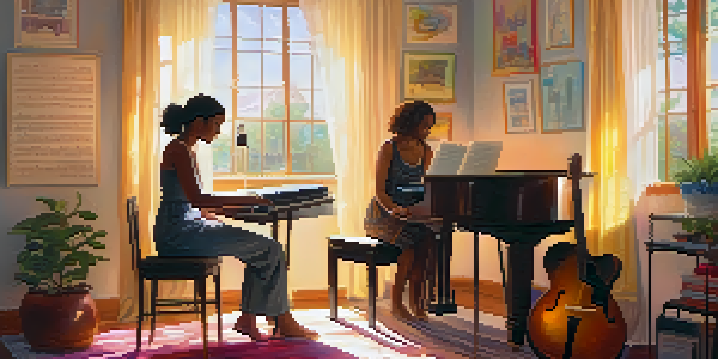 A tranquil room where a therapist and a young woman are engaged in a music therapy session, with instruments and soft lighting.