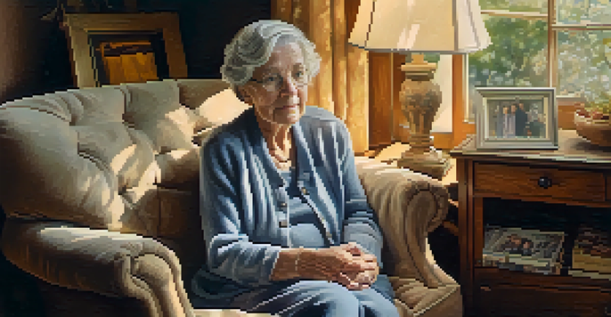 A portrait of an elderly woman sitting in an armchair, surrounded by family photos in warm lighting.