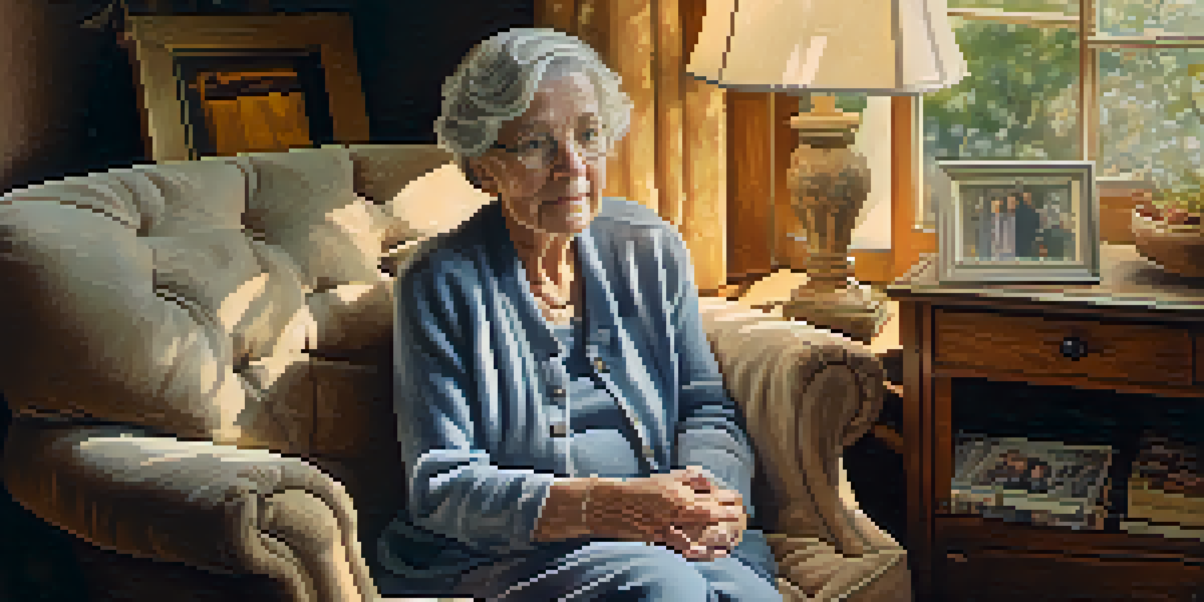 A portrait of an elderly woman sitting in an armchair, surrounded by family photos in warm lighting.