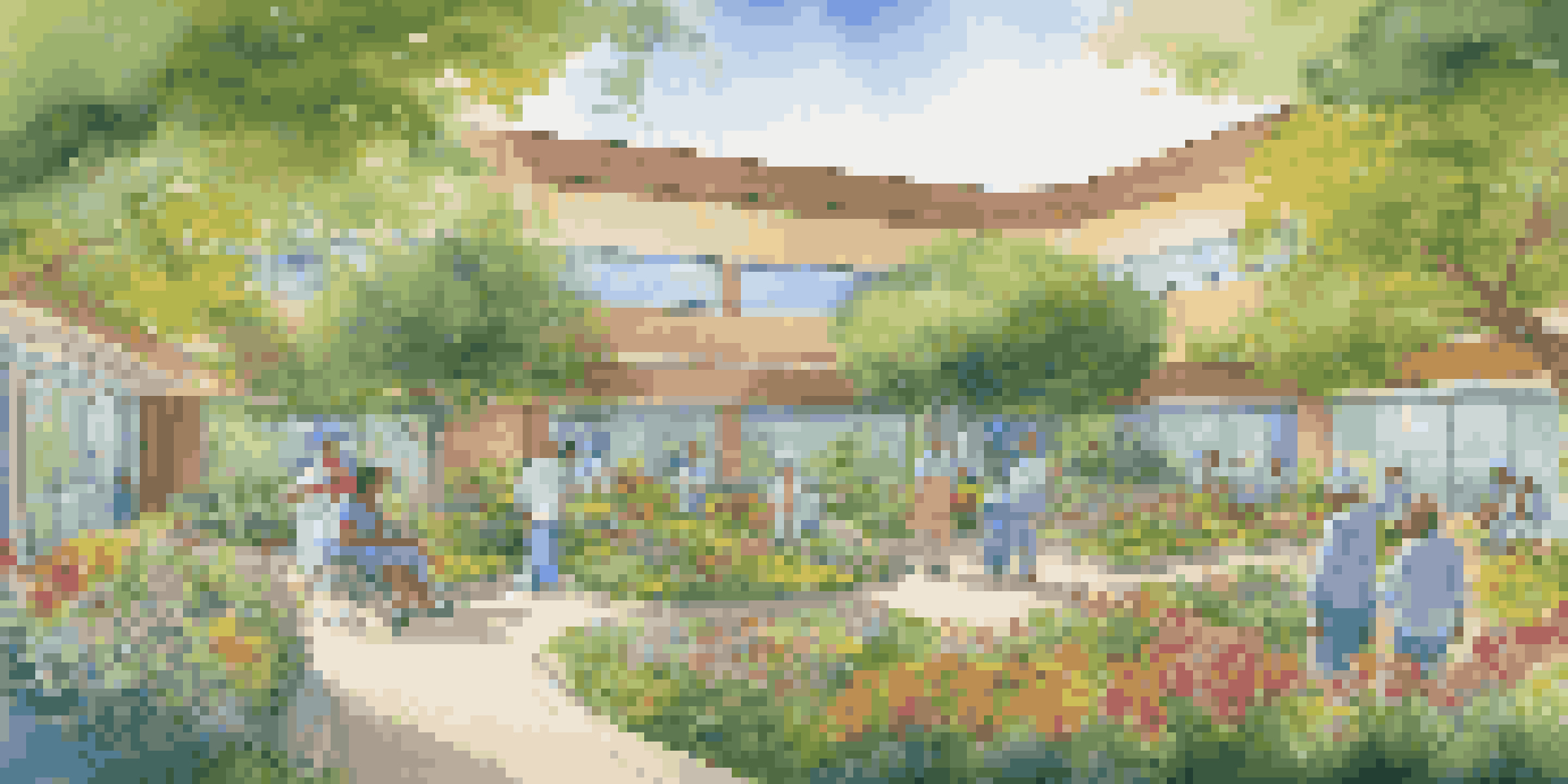 A hospital garden with a colorful mural and patients creating art together in a peaceful setting.
