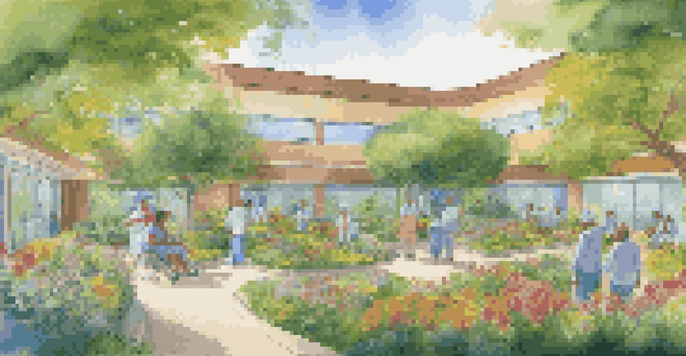 A hospital garden with a colorful mural and patients creating art together in a peaceful setting.