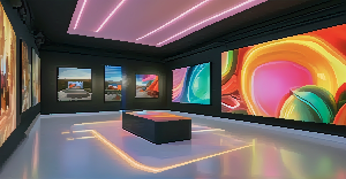 A modern art gallery filled with visitors interacting with virtual reality installations and animated artworks.