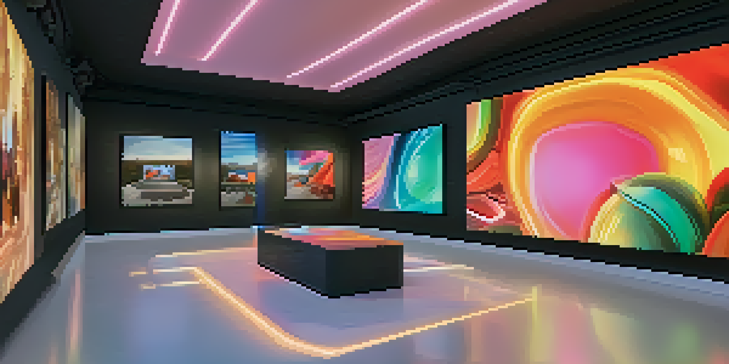 A modern art gallery filled with visitors interacting with virtual reality installations and animated artworks.