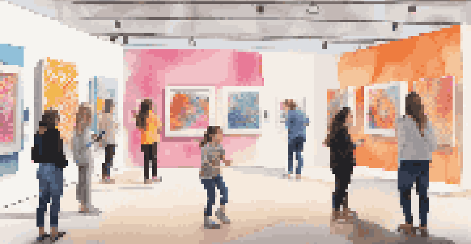 An interactive art gallery filled with bright abstract patterns and playful installations, with visitors engaging and enjoying the art.
