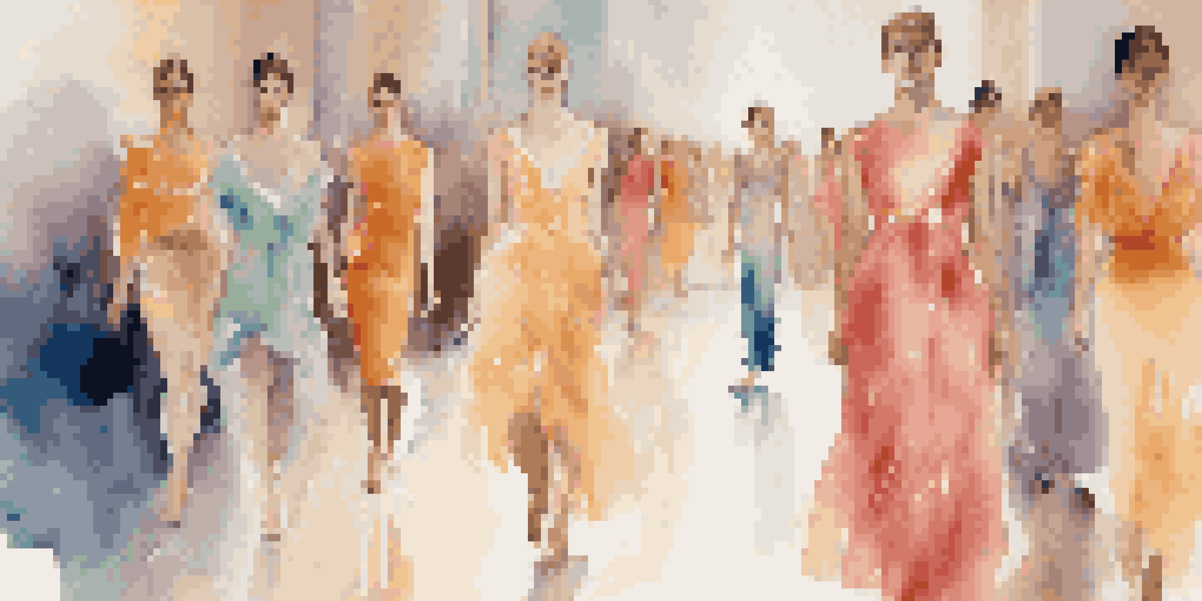 A runway show with models wearing colorful dresses inspired by Impressionist art, set against a pastel background.