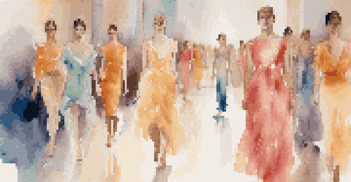 A runway show with models wearing colorful dresses inspired by Impressionist art, set against a pastel background.