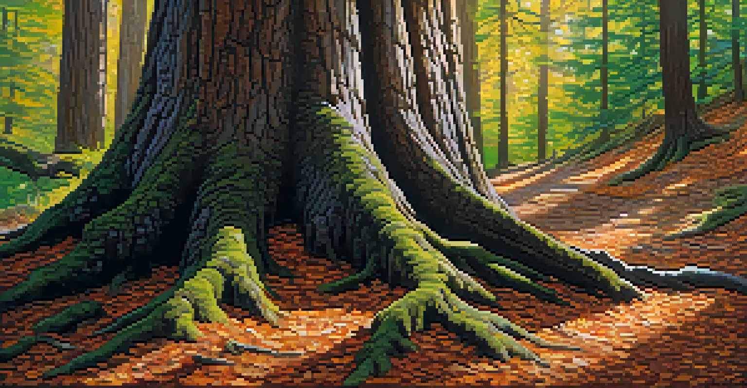 A detailed close-up of a tree trunk showcasing intricate bark textures, with sunlight filtering through forest leaves creating dappled light.