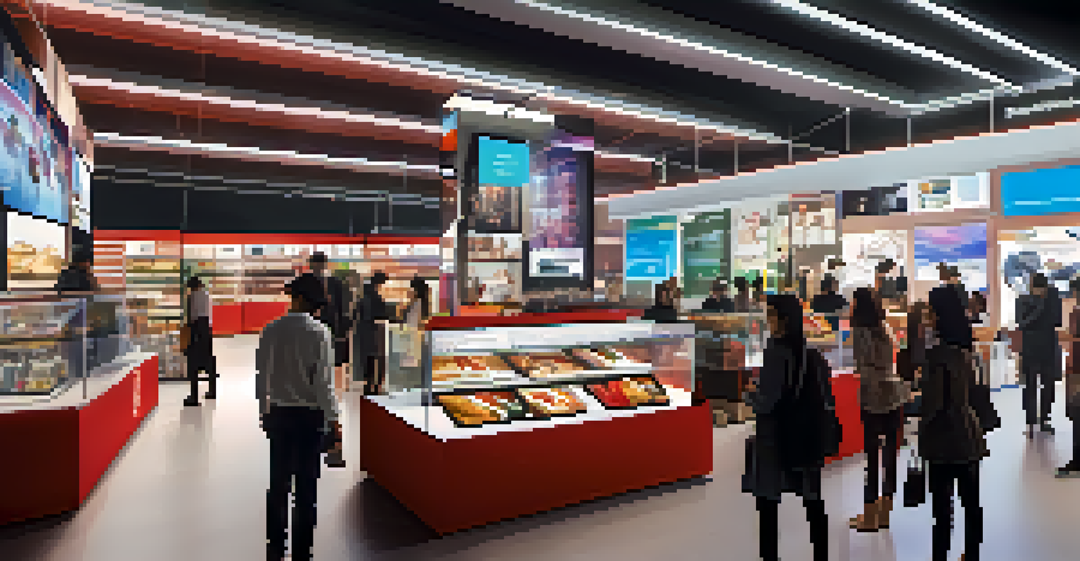 A modern market space with digital displays and shoppers interacting with augmented reality products, highlighting technology in shopping.