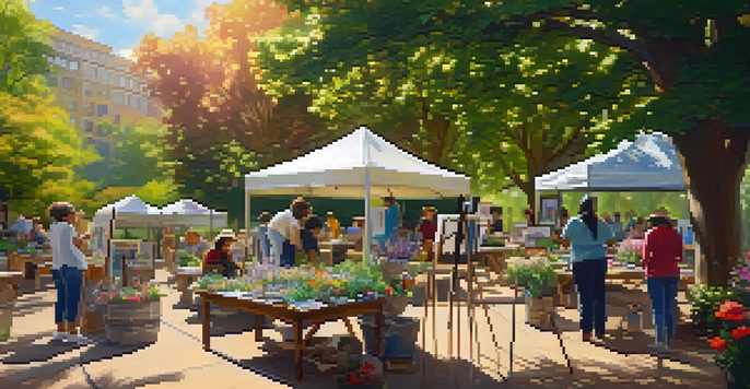 A community art workshop in a park with individuals painting on easels surrounded by flowers and greenery.