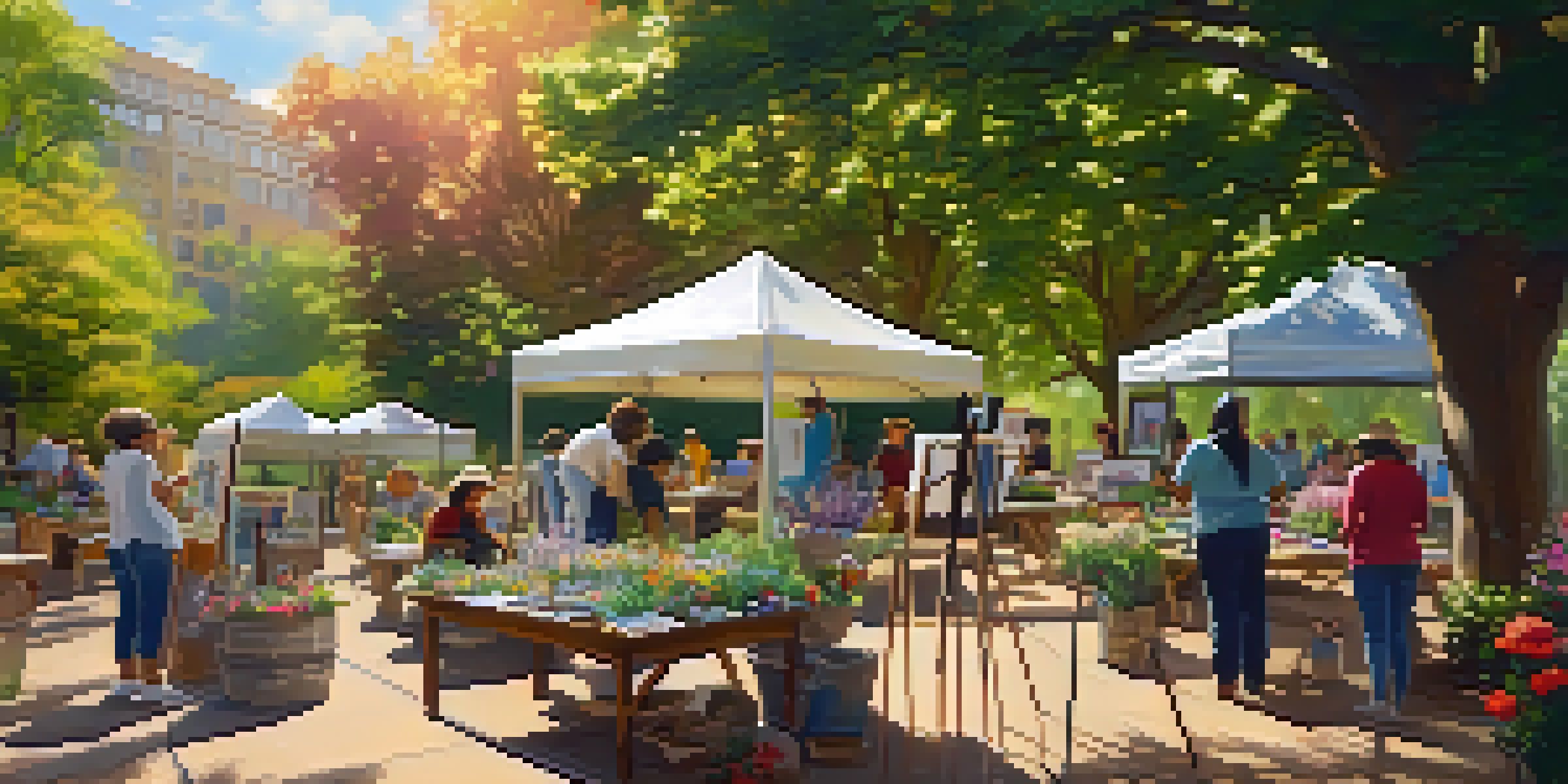 A community art workshop in a park with individuals painting on easels surrounded by flowers and greenery.