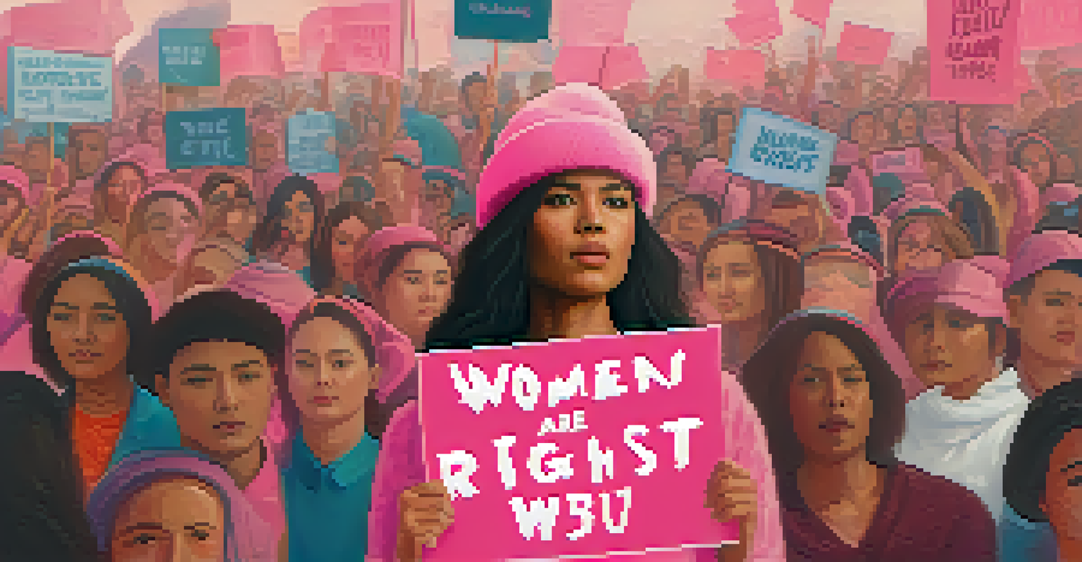 A woman in a pink hat confidently holding a sign at a women's rights protest, with a supportive crowd behind her.