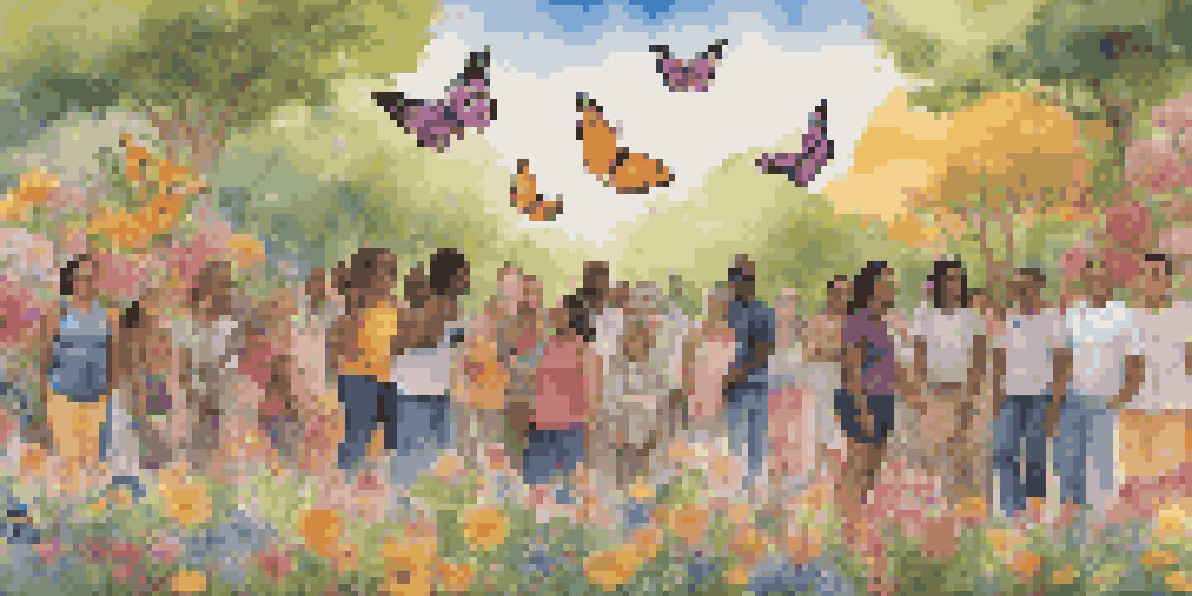 A colorful mural showcasing individuals of various gender identities in an urban park, surrounded by flowers and butterflies, under warm sunlight.