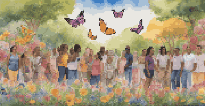 A colorful mural showcasing individuals of various gender identities in an urban park, surrounded by flowers and butterflies, under warm sunlight.