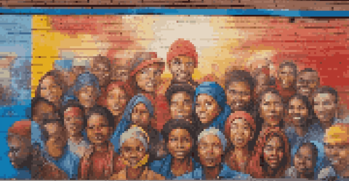 A colorful street art mural showing diverse individuals united, conveying hope and determination.