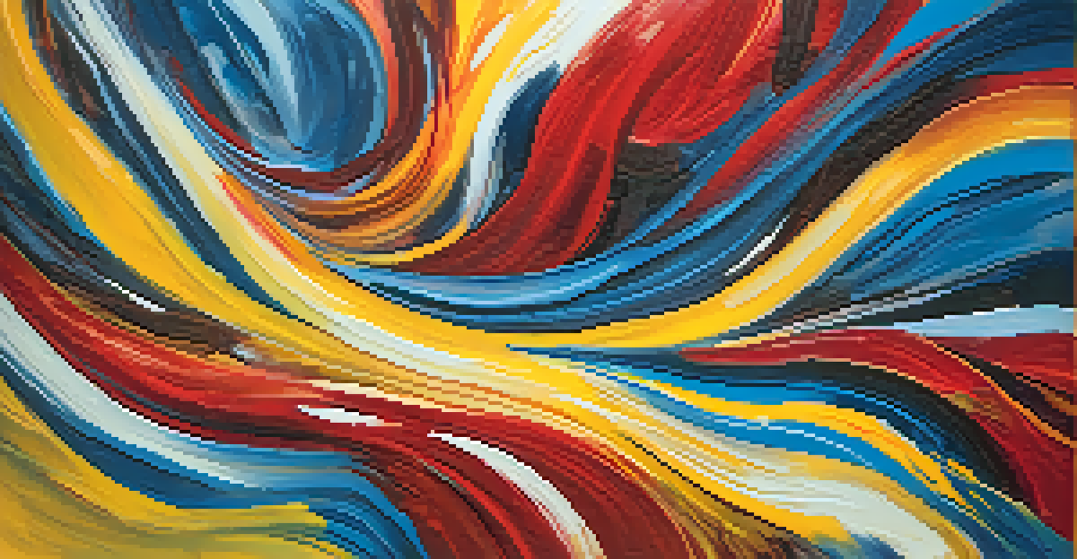 A close-up of an abstract painting with expressive colors and textures representing emotions related to mental health.