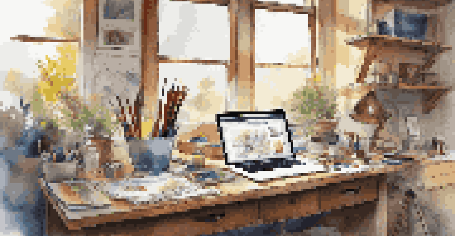An artist's workspace filled with digital tools and sketches, illuminated by warm natural light, showing the creative process.