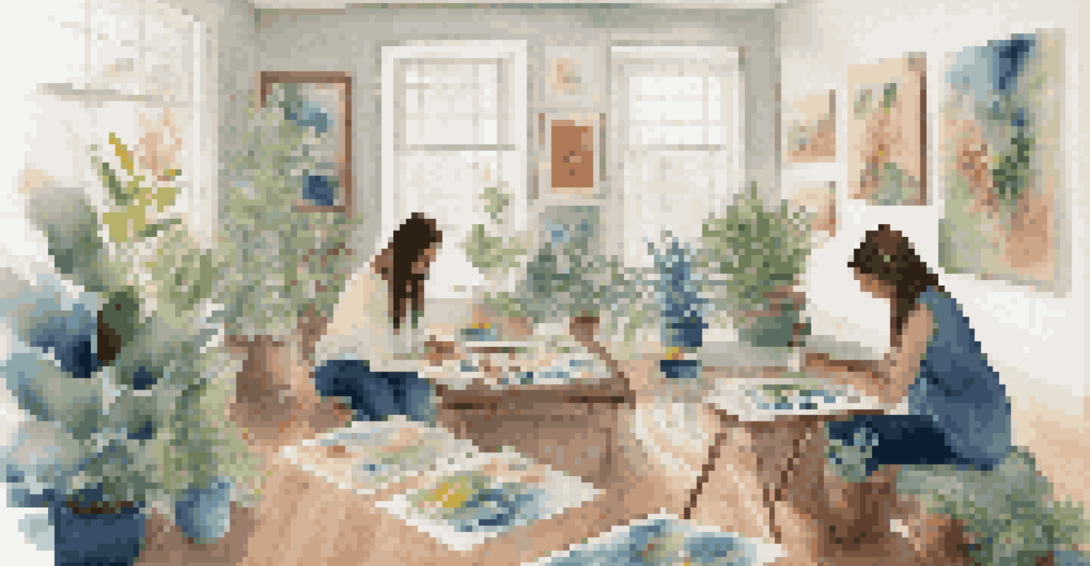 A serene art therapy session with individuals painting in a cozy room, expressing emotions through colors and surrounded by uplifting art and plants.