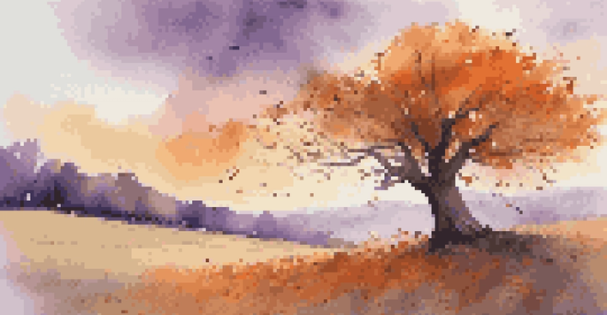A large tree bending in the wind with colorful autumn leaves, set against a sunset sky with warm colors.