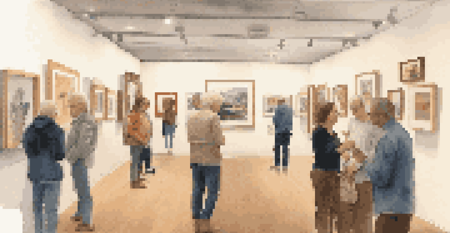 A cozy gallery featuring local artwork, with people discussing and sharing stories about the pieces on display.