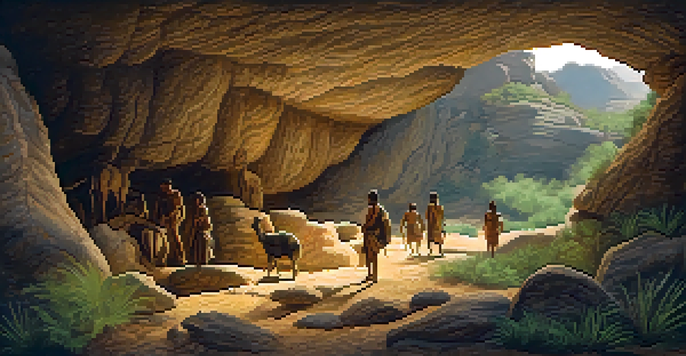 A prehistoric cave with ancient paintings of animals and humans, dimly lit with natural stone textures.