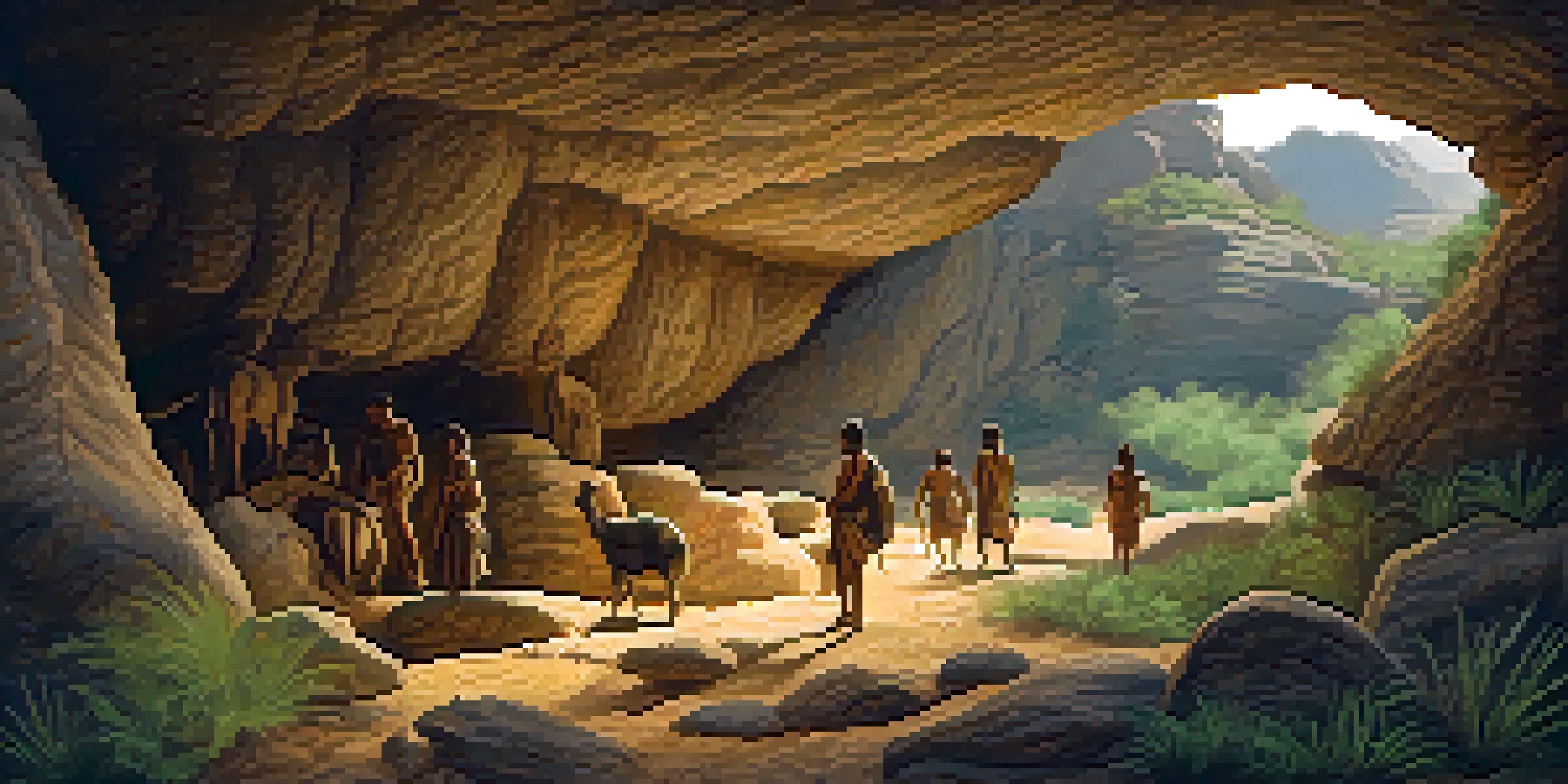 A prehistoric cave with ancient paintings of animals and humans, dimly lit with natural stone textures.