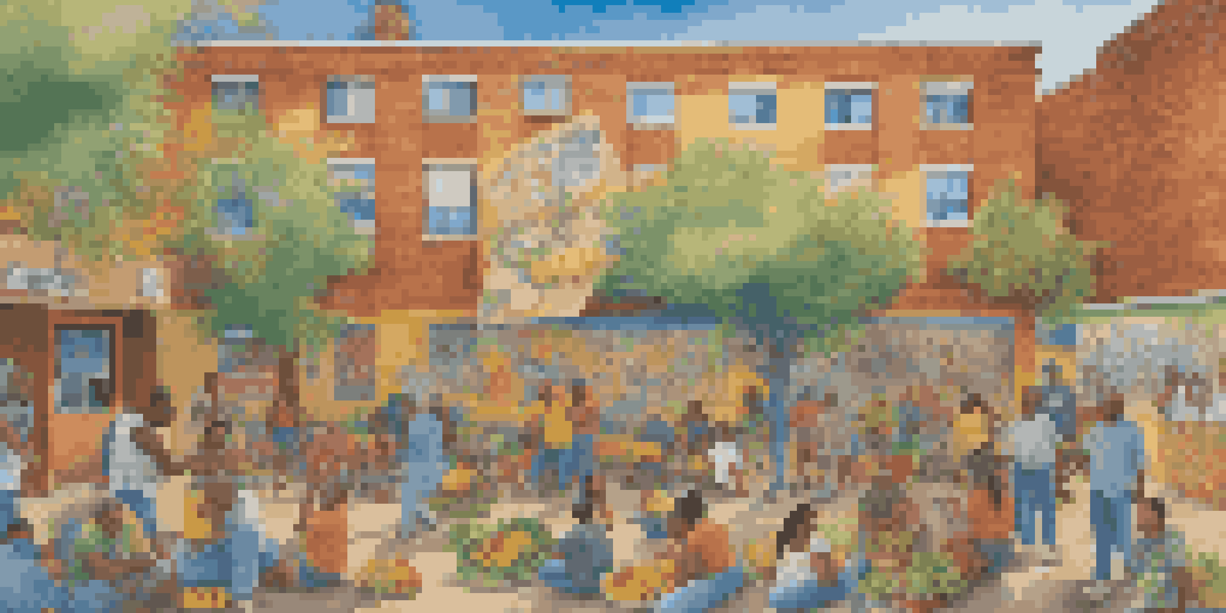 A colorful mural on a brick wall showing people of various backgrounds painting together, surrounded by health-related symbols and bright fruits and vegetables, in a sunny environment.
