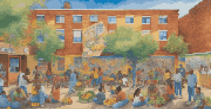 A colorful mural on a brick wall showing people of various backgrounds painting together, surrounded by health-related symbols and bright fruits and vegetables, in a sunny environment.