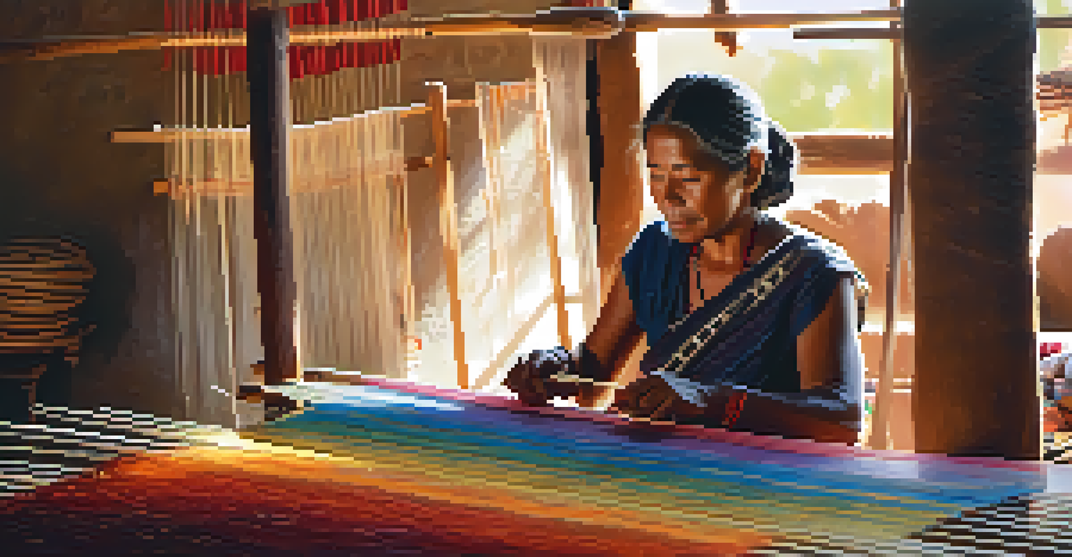 An artisan weaving on a backstrap loom in a sunlit room, surrounded by colorful threads and woven textiles.