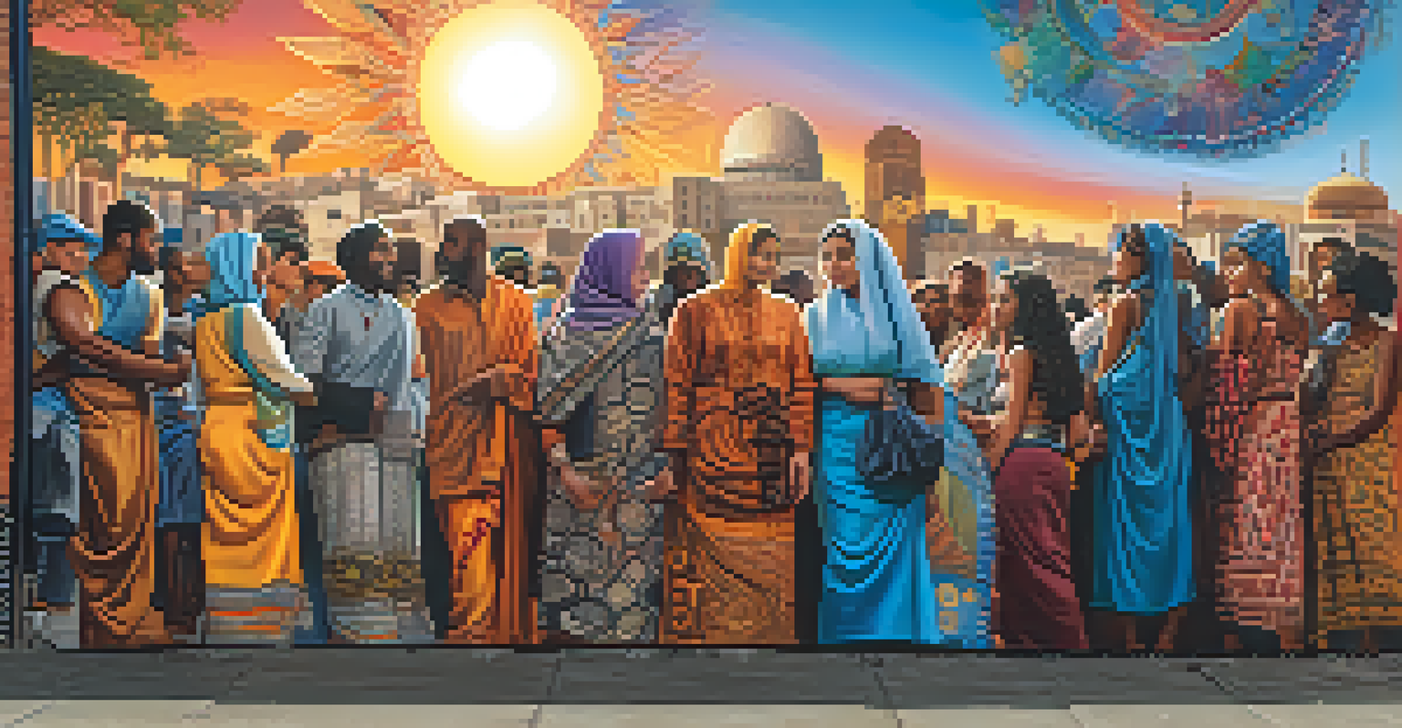 A colorful mural showing refugees from various backgrounds sharing their stories through art, with intricate cultural patterns and a sunset in the background.