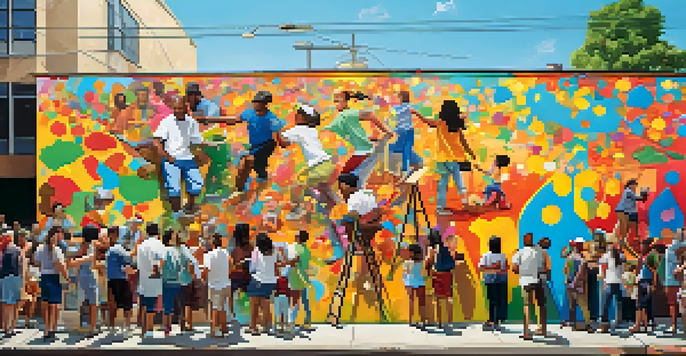 A colorful mural scene showing diverse community members working together on an art project in a sunny urban setting.