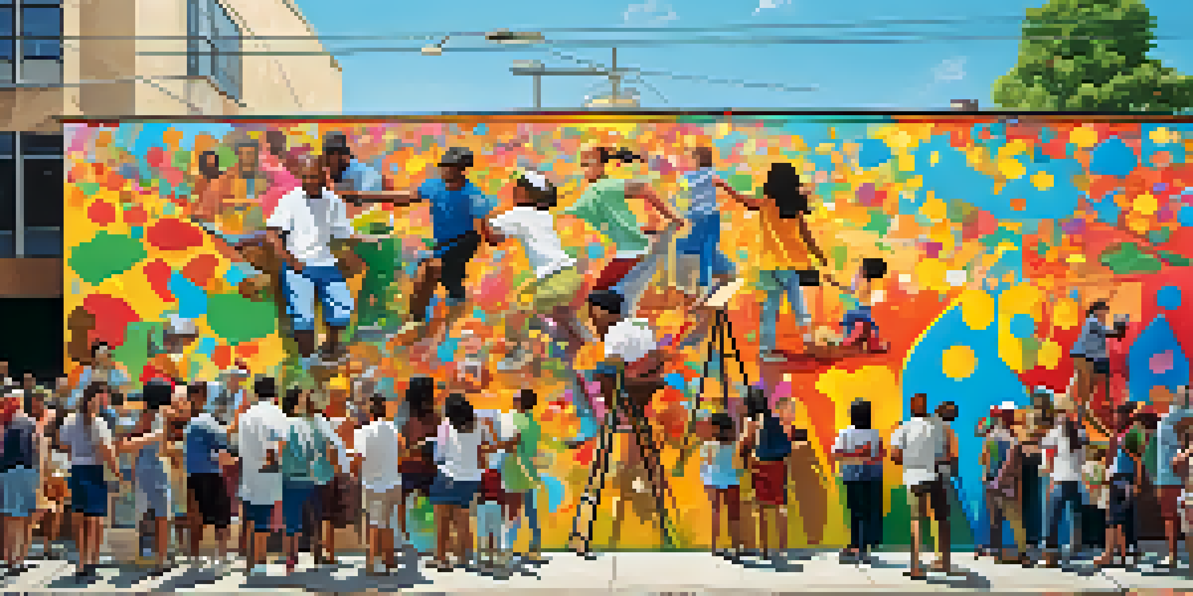 A colorful mural scene showing diverse community members working together on an art project in a sunny urban setting.
