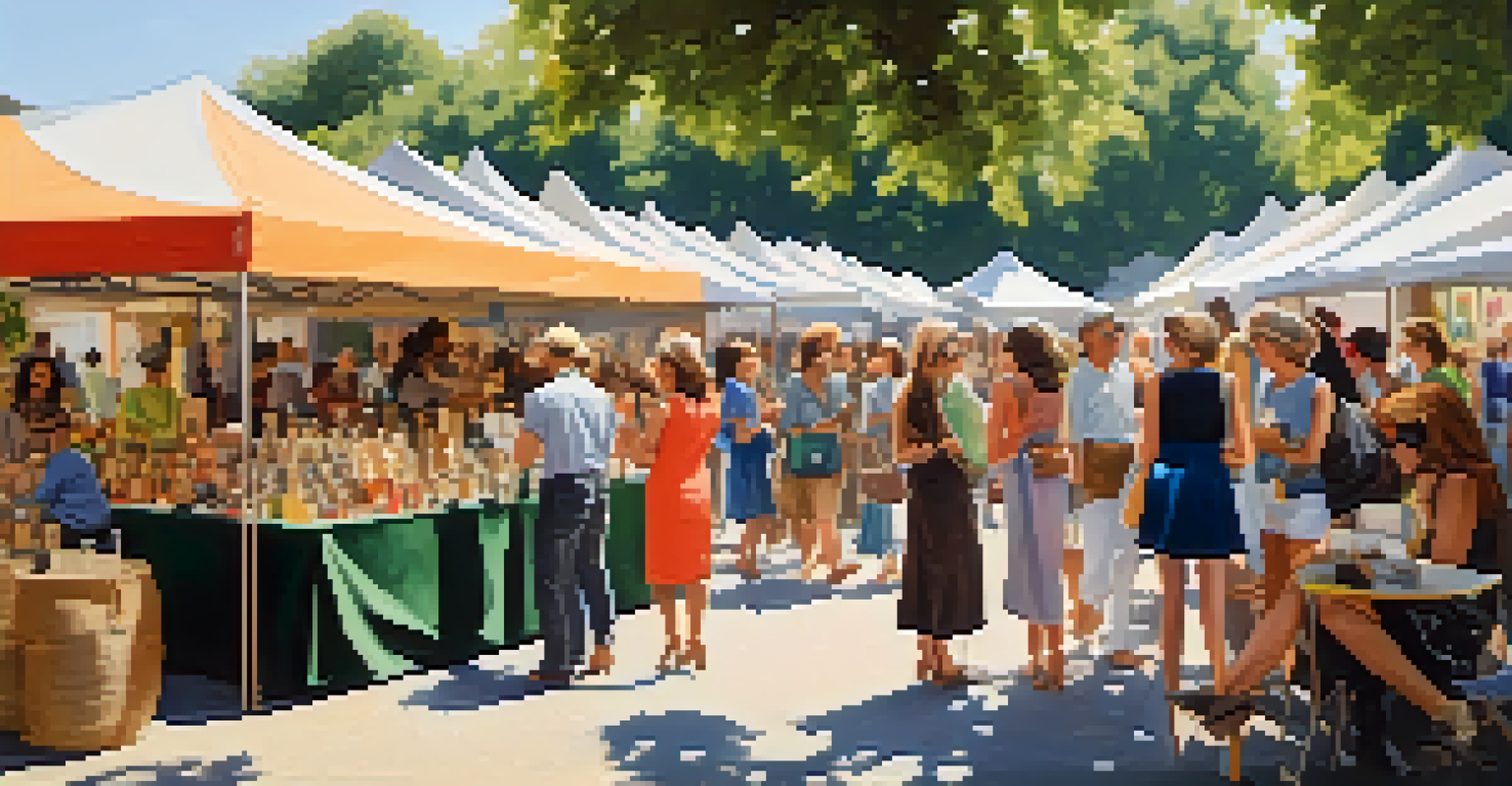 A vibrant outdoor art fair featuring women collectors exploring different art stalls in a lively atmosphere.