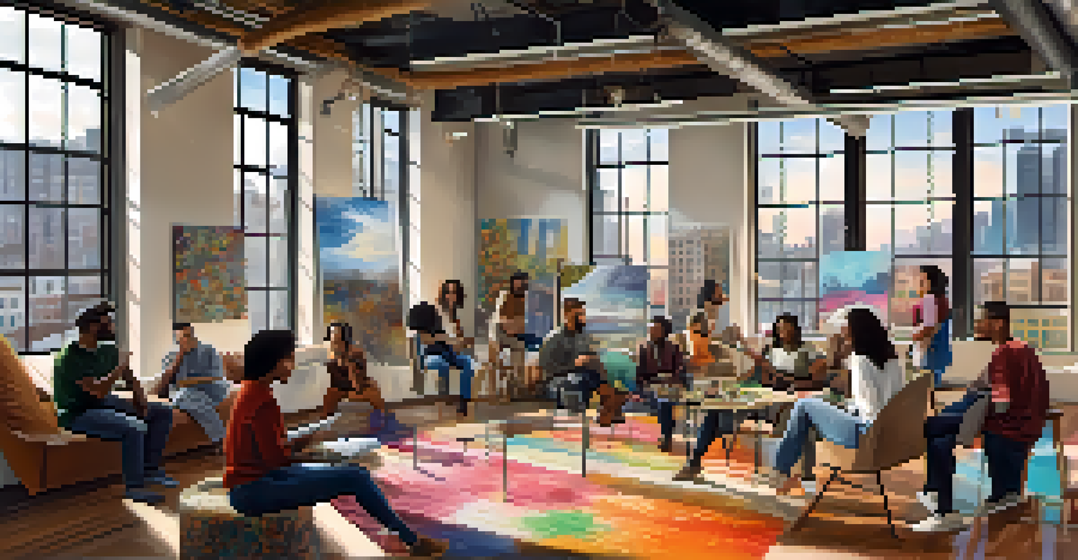 A diverse group of artists collaborating on a mural in a spacious loft, with a cityscape visible through large windows.