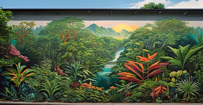 A mural showing a flourishing ecosystem on one side and a polluted landscape on the other, highlighting environmental issues.