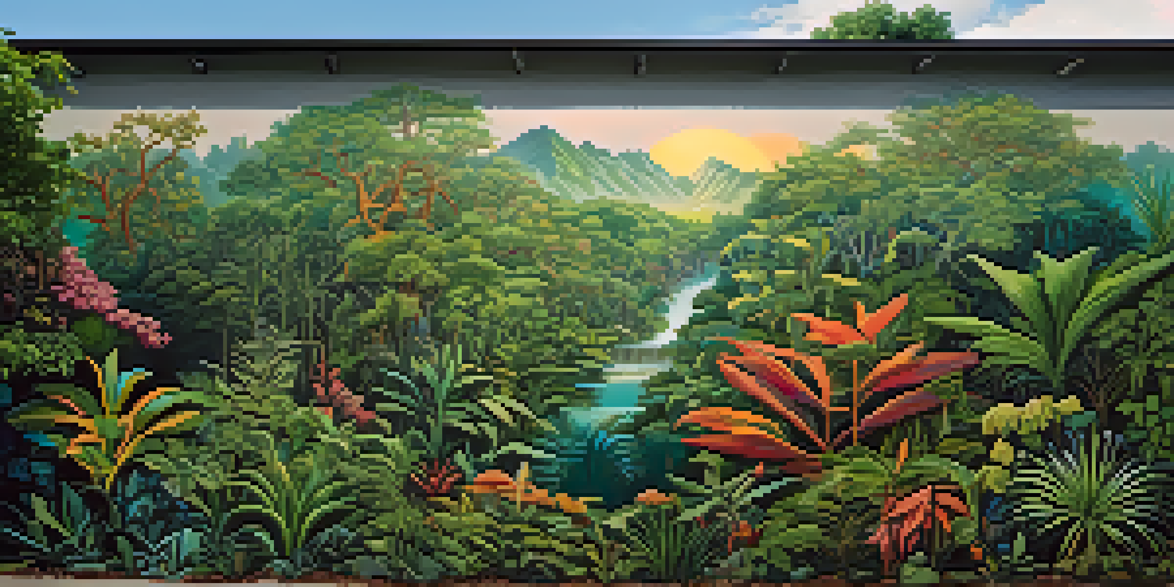 A mural showing a flourishing ecosystem on one side and a polluted landscape on the other, highlighting environmental issues.