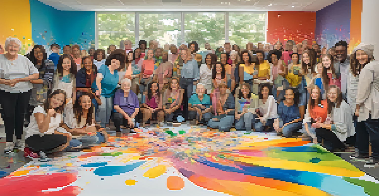 Older adults and teenagers working together on a colorful mural in a community center.