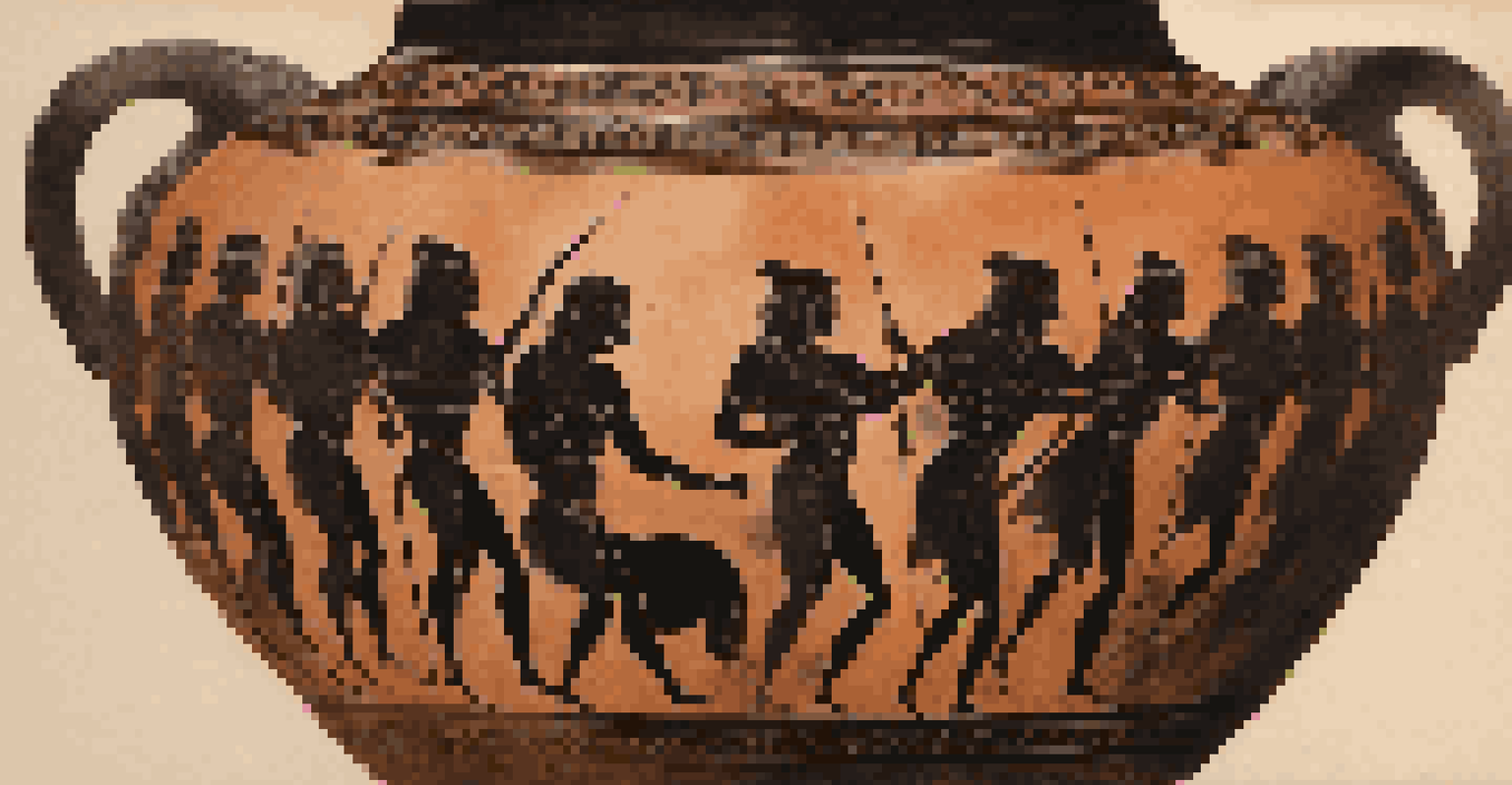 A close-up of an ancient Greek pottery vase with black-figure painting of a mythological battle scene.