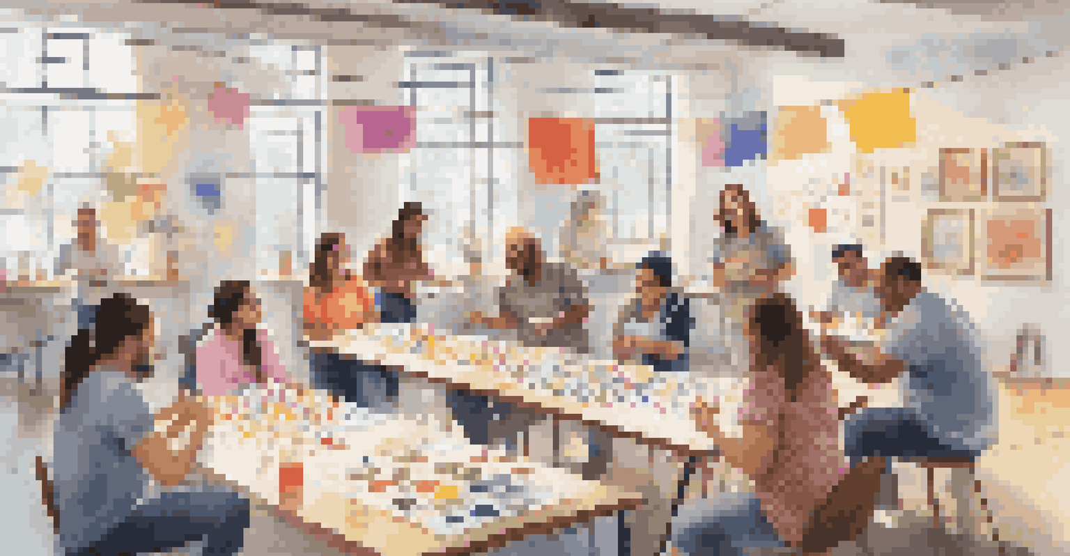 A playful art workshop with participants laughing and engaging in a fun icebreaker activity, surrounded by colorful art supplies and decorations.